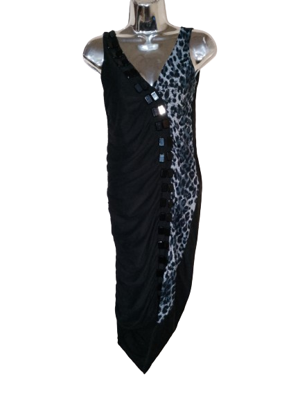 Black & Cheetah Print Sleeveless Dress with Gems - S