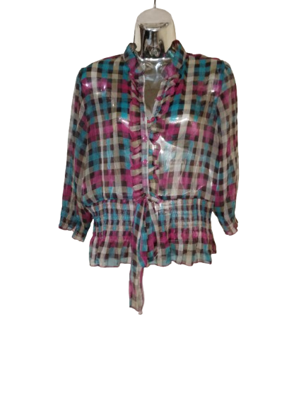 Multicoloured Plaid 3/4 Sleeve Sheer Top - L