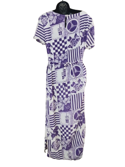 Purple & White Patchwork Print Short Sleeve Maxi Dress - L
