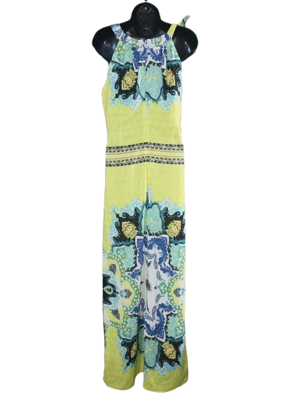 Yellow & Teal Abstract Print Sleeveless Maxi Dress - M (10)