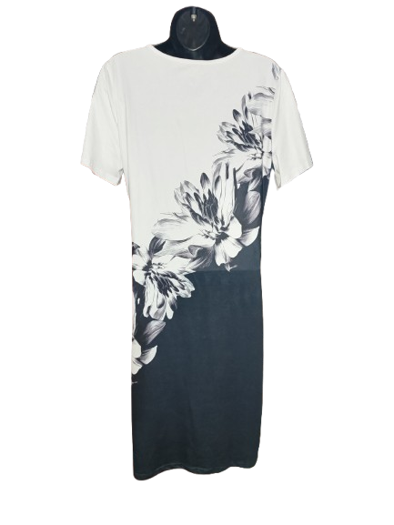 Black & White Floral Print Short Sleeve Dress - M