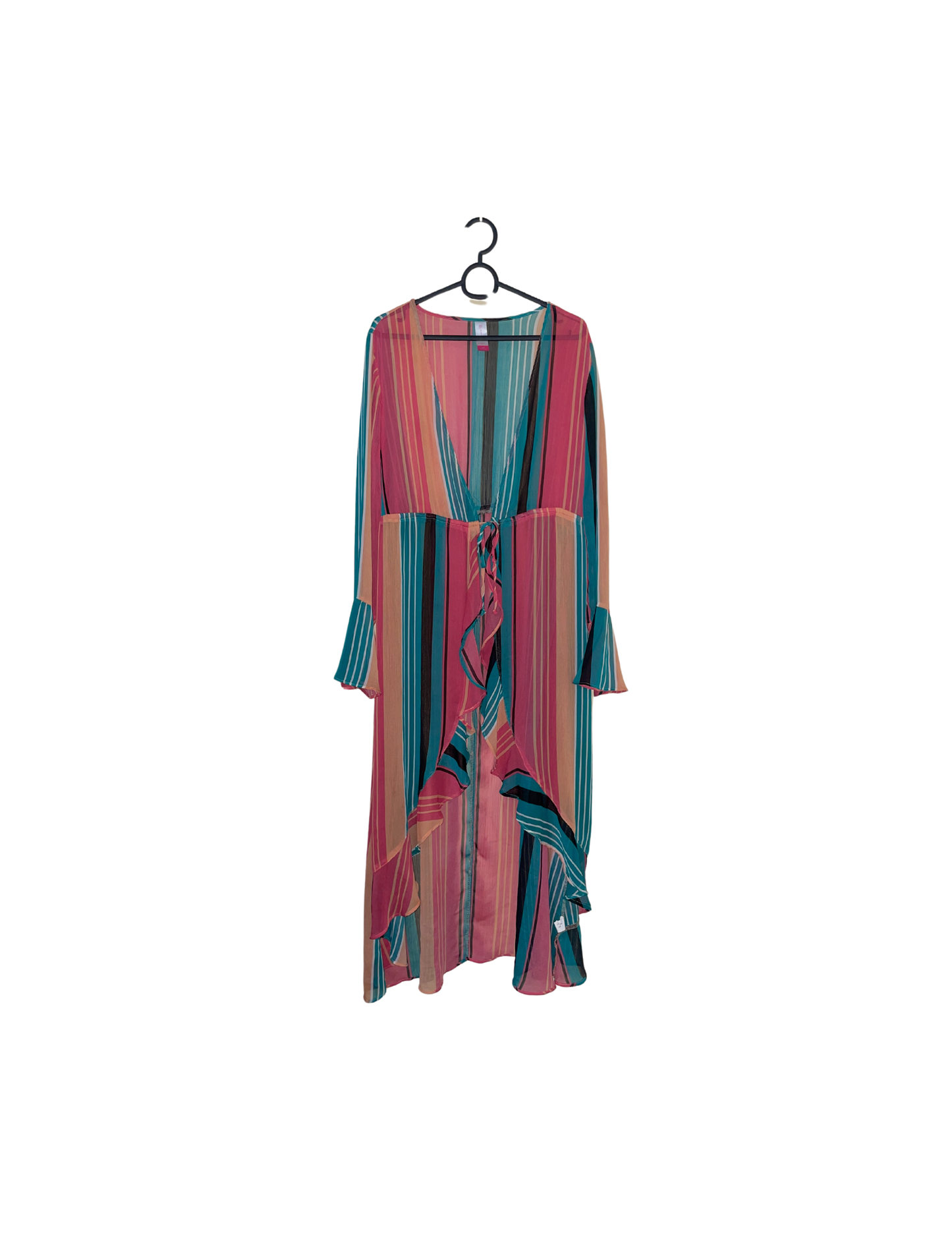 Multi-Coloured Stripe Long Sleeve Sheer Cover-Up Dress - L