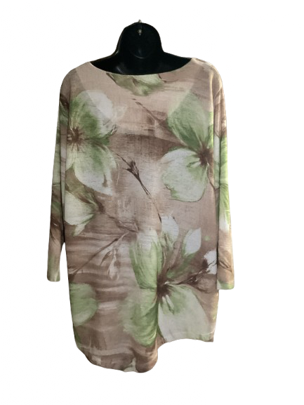 Brown and Green Floral Print Long Sleeve Top - L