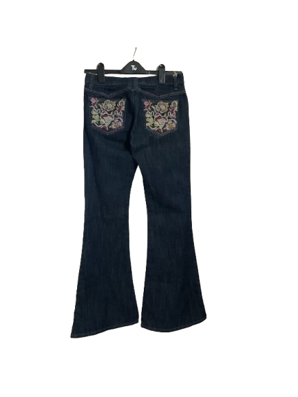 Blue Dark Wash Embroidered Bell Bottom Jeans - M (9/10)