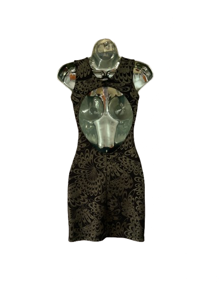 Black & Gold Abstract Print Sleeves Cutout Dress - S