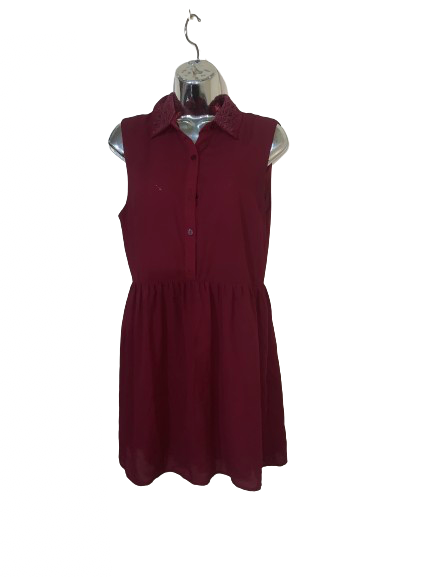 Burgundy Sleeveless Dress with Embroidered Collar - M