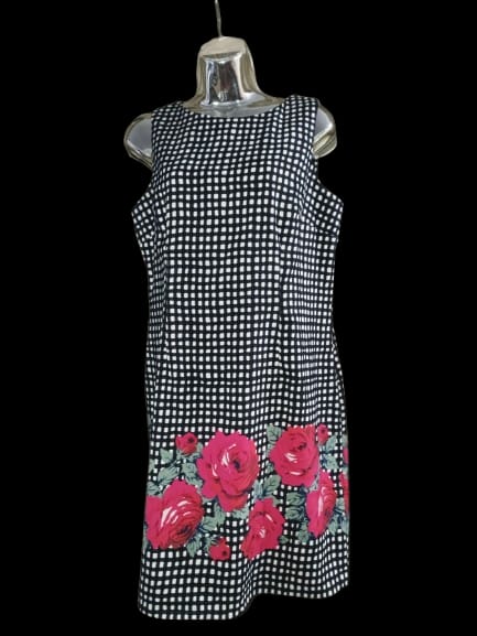 Black & White Checkered with Floral Print Sleeveless Dress -