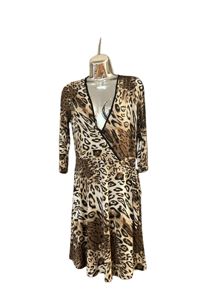 Brown Leopard Print Long Sleeve Faux Wrap Dress - L
