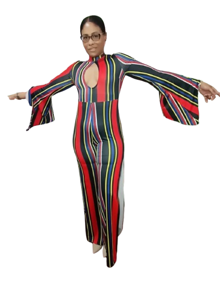 Multicoloured Striped Long Bell Sleeve Jumpsuit - S