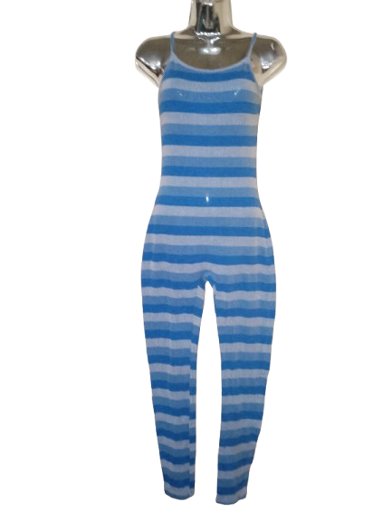 Blue Stripe Spaghetti Strap Fitted Jumpsuit - OS