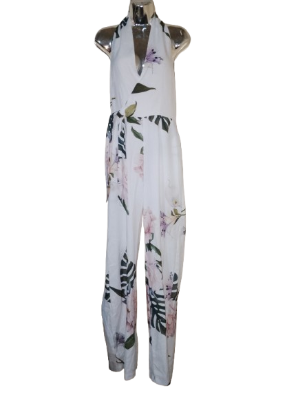 White Floral Print Halter Jumpsuit - M