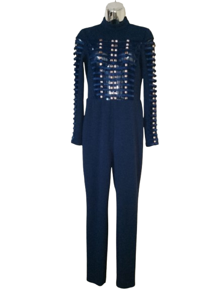 Navy Blue Long Sleeve Jumpsuit with Gold Studs - L