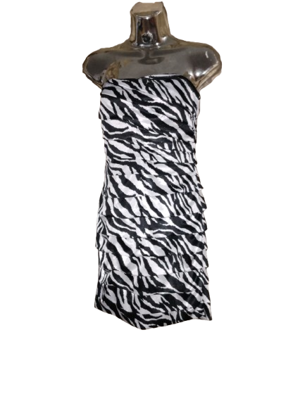 Black & White Abstract Zebra Print Strapless Ruffle Dress - S