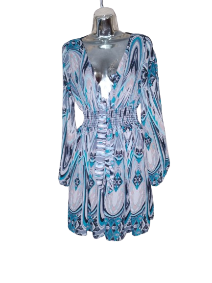 Multicoloured Long Balloon Sleeve Elastic Waist Dress - S