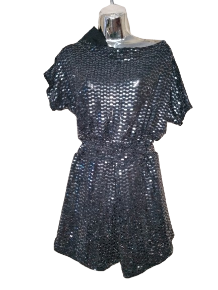 Black & Silver Sequin One Shoulder Romper - M