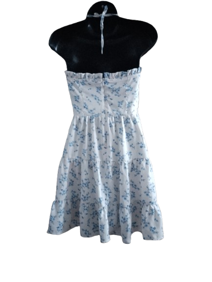 Blue & White Floral Print Halter Dress - S