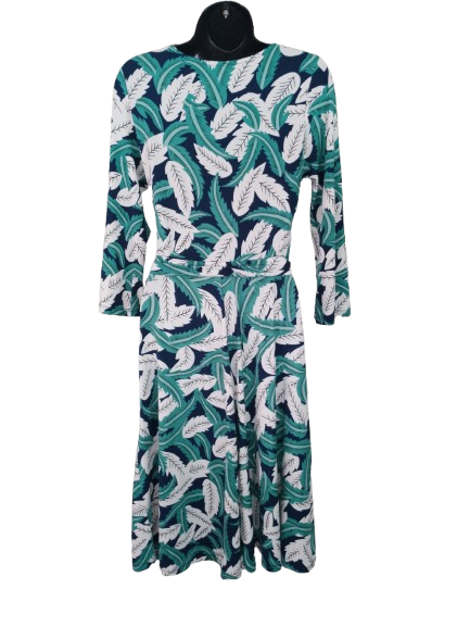 Green, Navy & Cream Leaf Print 3/4 Sleeve Faux Wrap Dress - M