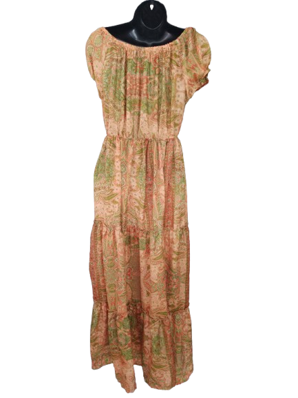 Orange & Green Abstract Print Short Sleeve Maxi Dress - One Size