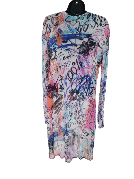 Multicoloured Sheer Abstract Print Long Sleeve Coverup Dress - L