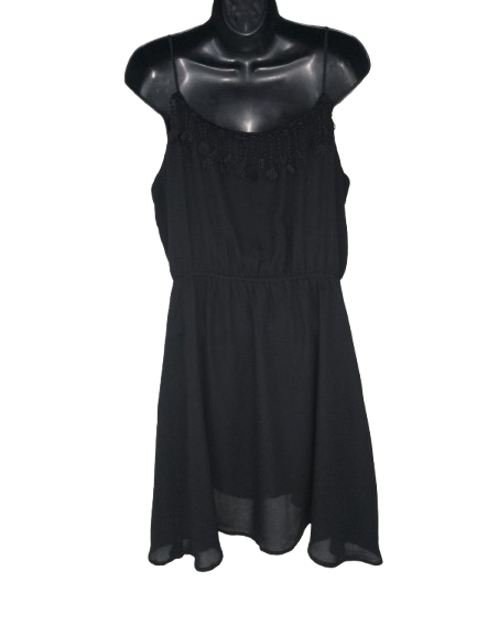 Black Spaghetti Strap Dress with Embroidered Embellishment - L