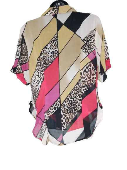 Multicoloured Print Sheer Short Sleeve Shirt - L