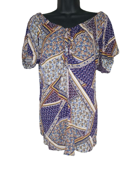 Blue Mustard & Cream Short Sleeve Top - L