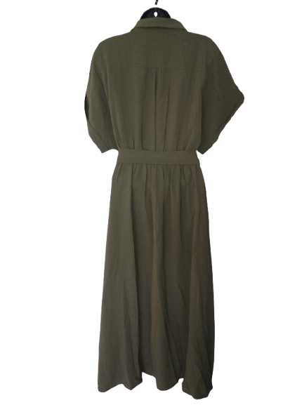 Olive Green Short Sleeve Long Dress with Pockets - XL