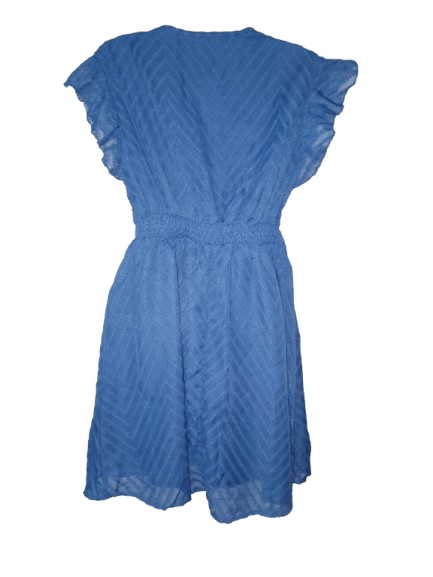 Blue Frill Sleeve Dress with Cream Embroidered Neckline & Waistline - S