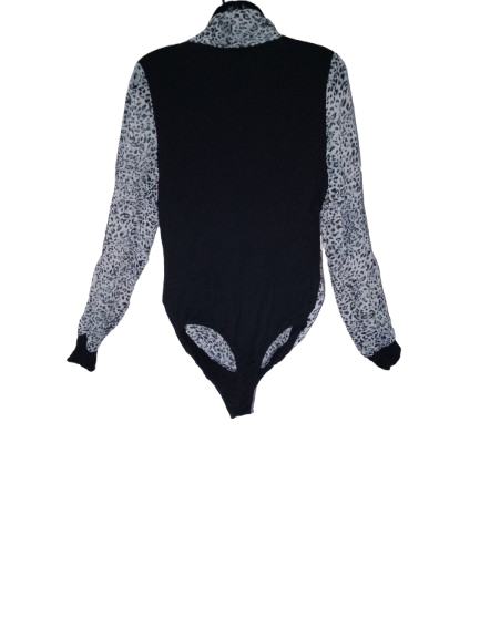 Black & Grey Leopard Print Long Sleeve Bodysuit - L