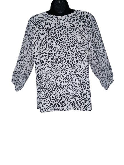 Black & White Animal Print 3/4 Sleeve Blouse with Ruffle Collar - M