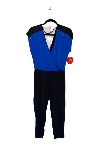 Black and Blue Short Sleeve Jumpsuit with Studded Detail - S