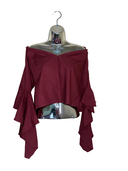 Red Wine Coloured Off-the-Shoulder Top with Flutter Sleeve - S