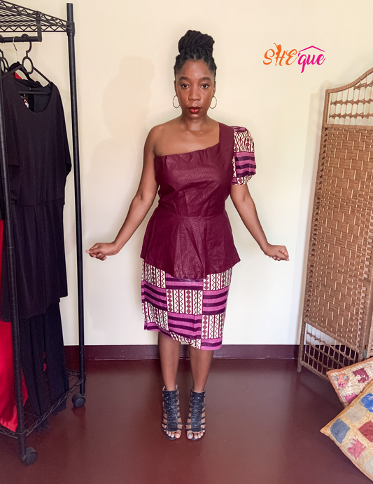 Burgundy African Print One Shoulder Skirt Suit - L