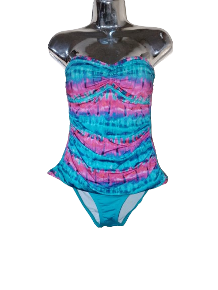 Blue & Pink Print Strapless 2-Piece Tankini Swimsuit - M