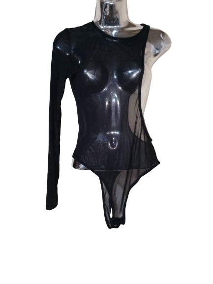 Black Sheer One Sleeve Thong Bodysuit with Side Cutout - L