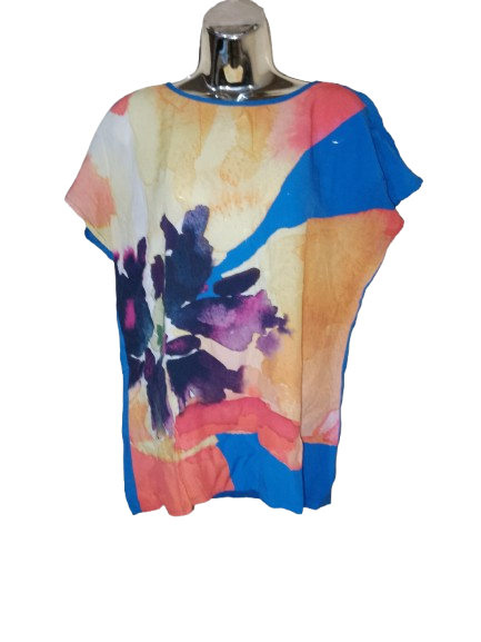 Blue Short Sleeve with Multicoloured Abstract Print Top - M