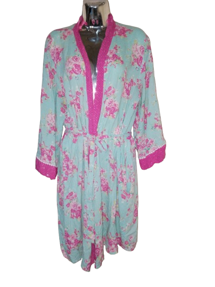 Pink & Green Floral Print Robe with Pockets - M