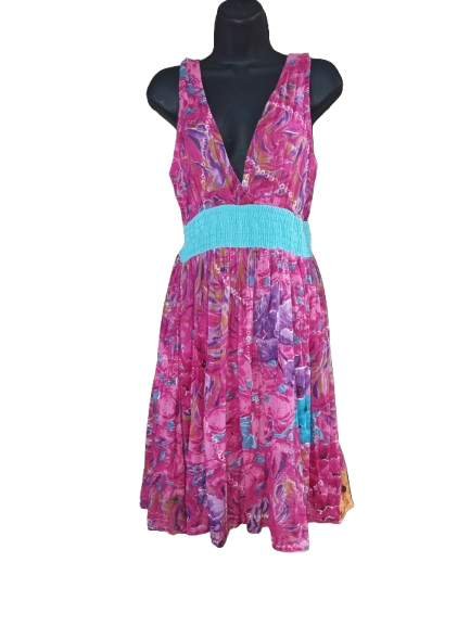 Pink & Blue Abstract Print Sleeveless Deep V Neckline Dress - M