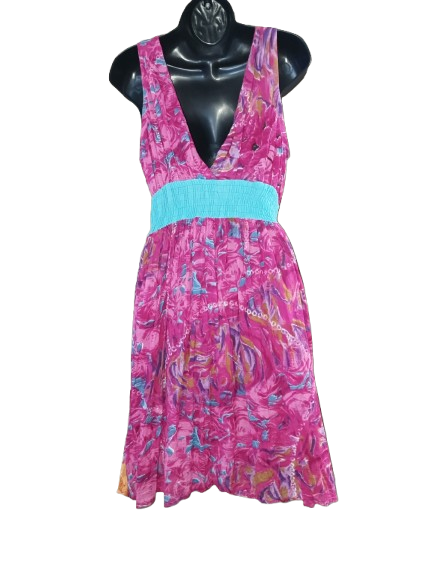 Pink & Blue Abstract Print Sleeveless Deep V Neckline Dress - M