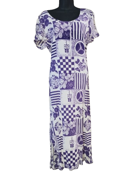 Purple & White Patchwork Print Short Sleeve Maxi Dress - L