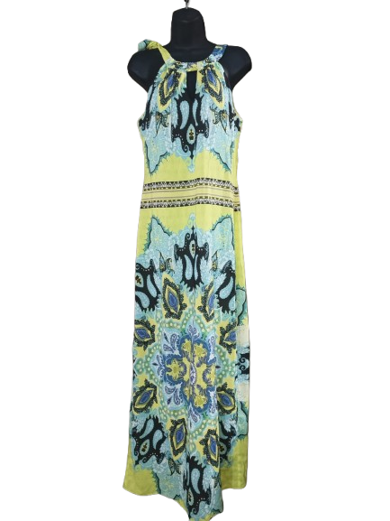 Yellow & Teal Abstract Print Sleeveless Maxi Dress - M (10)