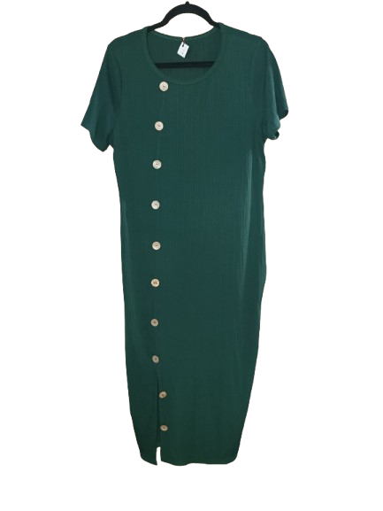 Green dress with buttons on a white background at SHE'que Thrift Bouti