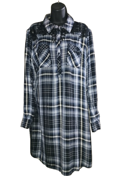 Navy Blue Plaid Long Sleeve Shirt Dress - L (12)