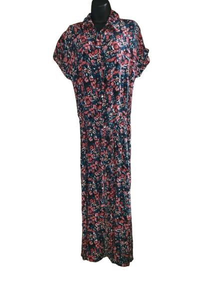Blue & Red Floral Print Short Sleeve Maxi Dress - M
