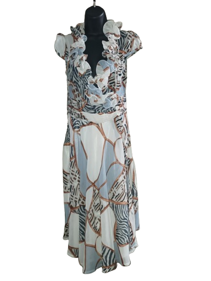 Cream, Silver & Gold Abstract Print Cap Sleeved Wrap Dress -