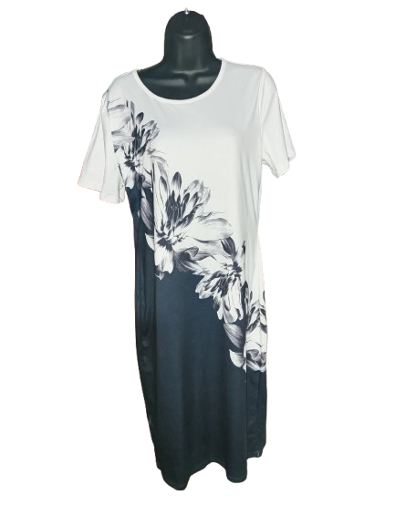 Black & White Floral Print Short Sleeve Dress - M