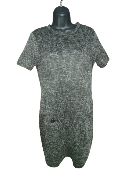 Charcoal Herringbone Short Sleeve Primark Dress with Front Pockets - M (10)