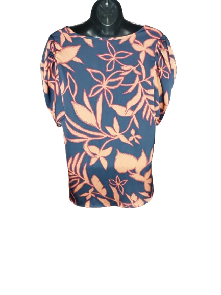 Navy, Orange & Red Floral Print Short Sleeve Blouse - M