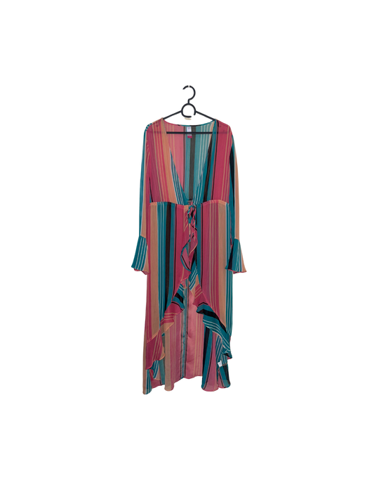 Multi-Coloured Stripe Long Sleeve Sheer Cover-Up Dress - L