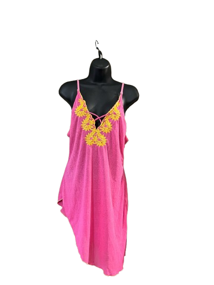 Pink Sheer with Yellow Embroidery Spaghetti Strap Sleepwear - L